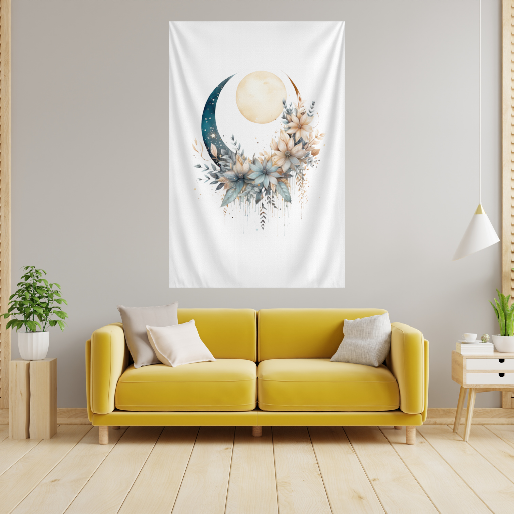 Celestial Boho Moon Floral Wall Tapestry