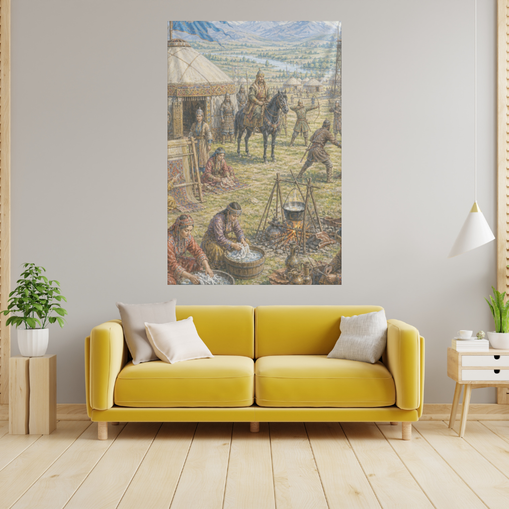 Ancient Steppe Heritage Historic Turkish Camp Scene Art Wall Tapestry