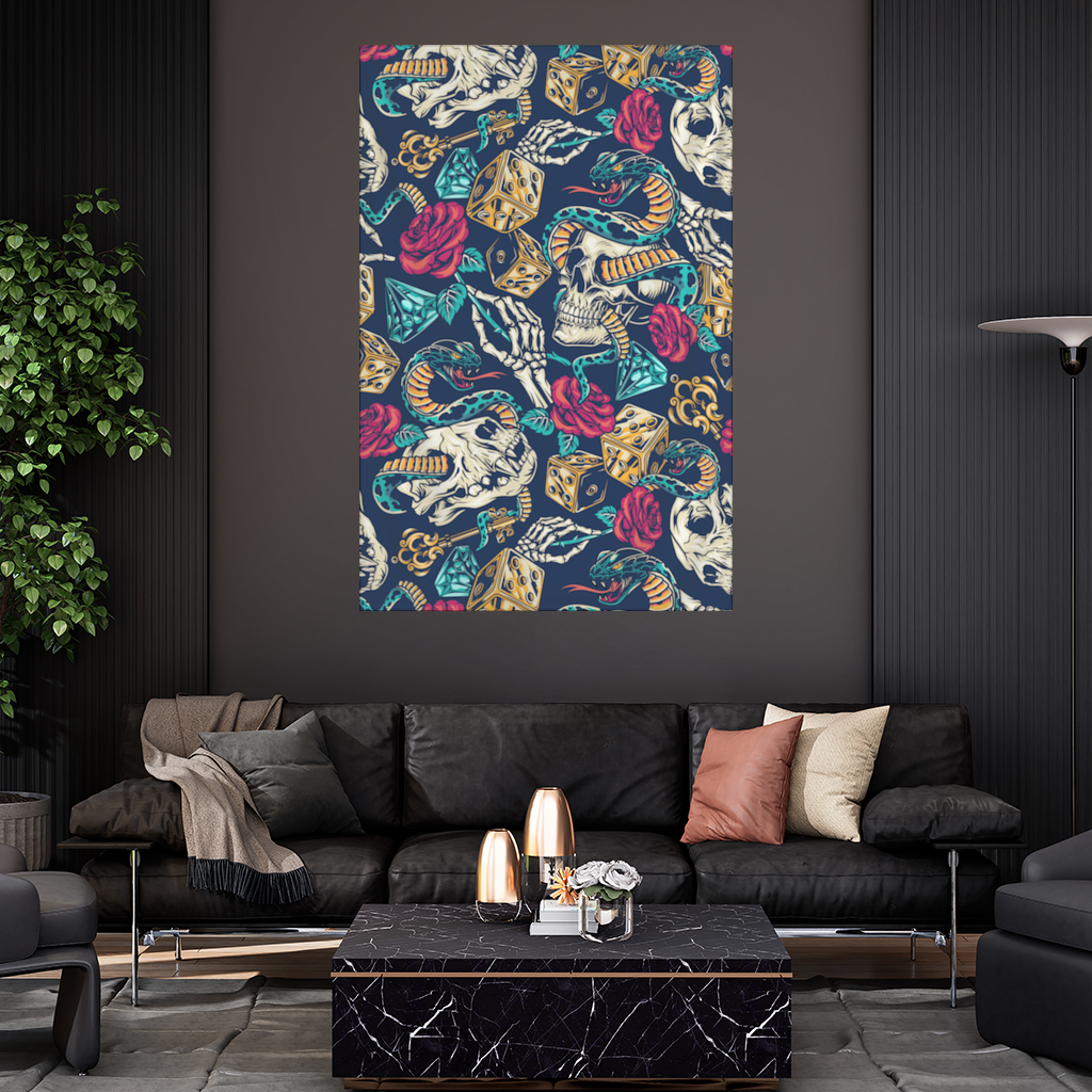 Skull Snake Dice and Roses Pattern Wall Tapestry