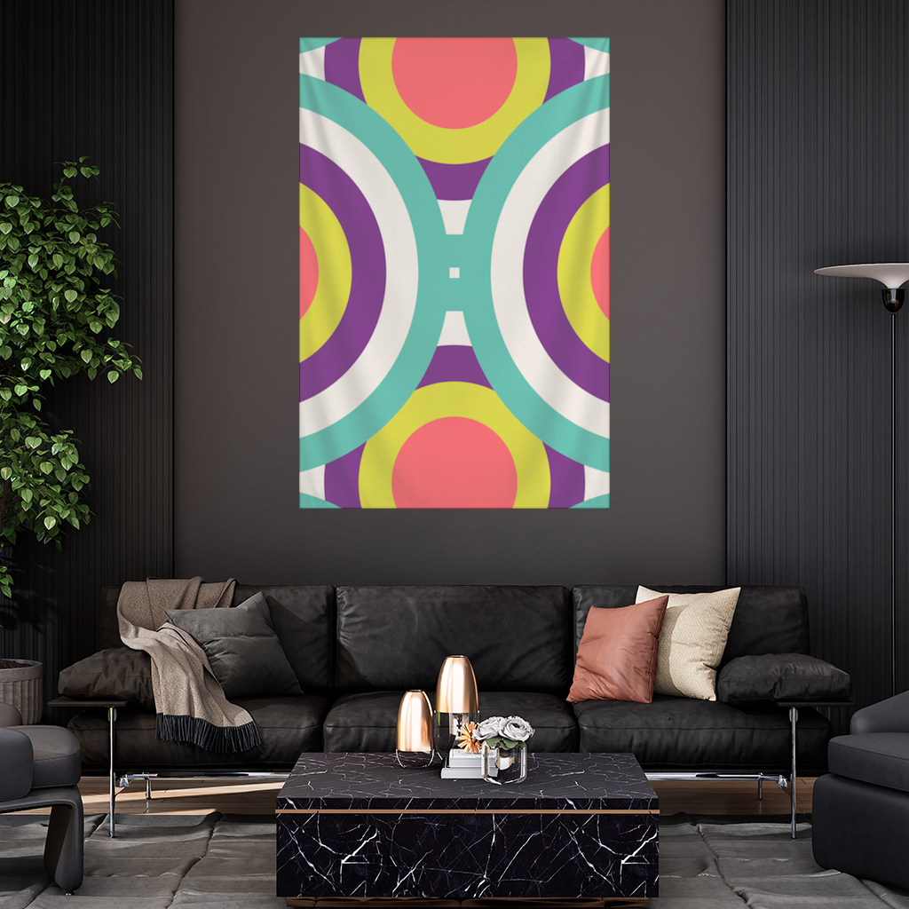 Geometrik Retro Daire Deseni Turkuaz Mor Duvar Örtüsü