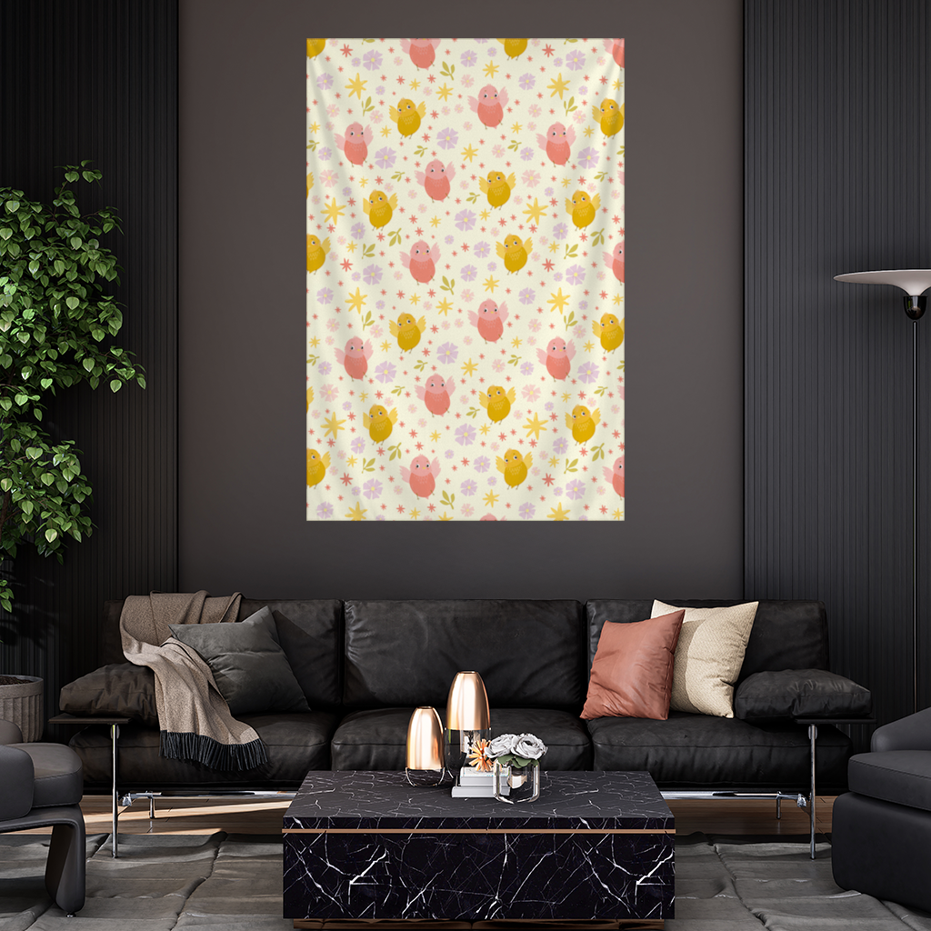 Sevimli Kuşlar ve Çiçekler Desenli Pastel Bahar İllüstrasyonu Duvar Örtüsü