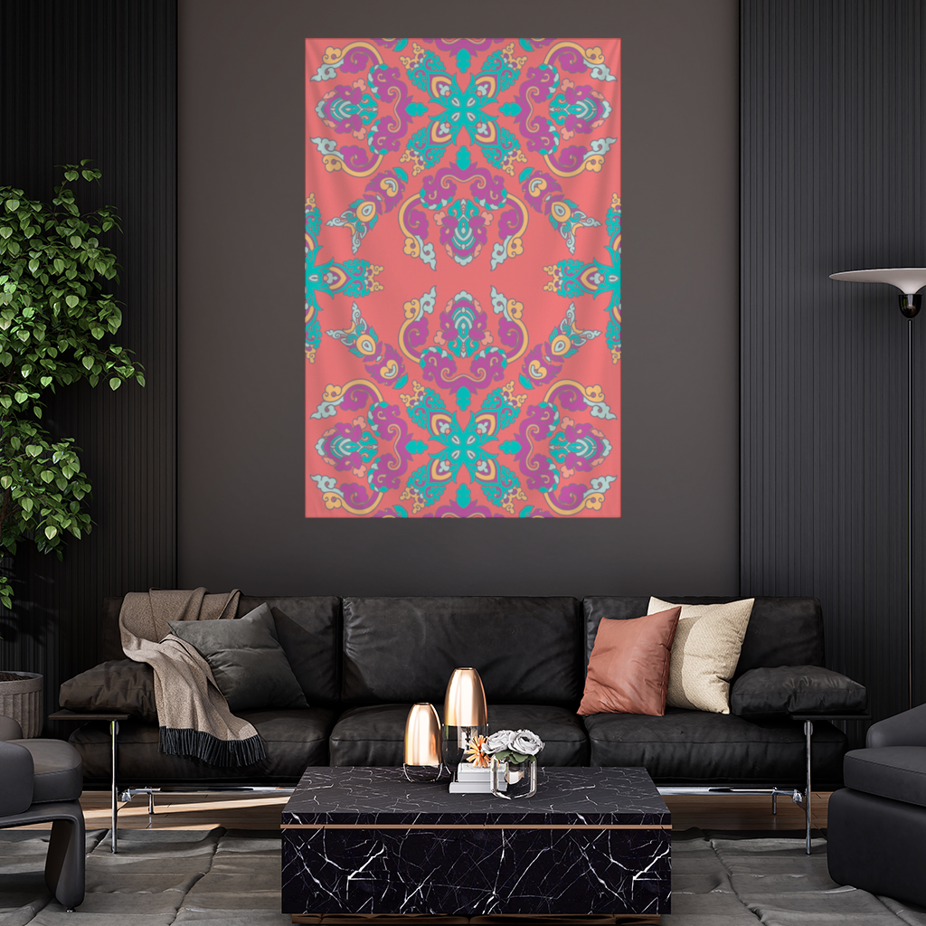 Vibrant Red Oriental Mandala Pattern Wall Tapestry