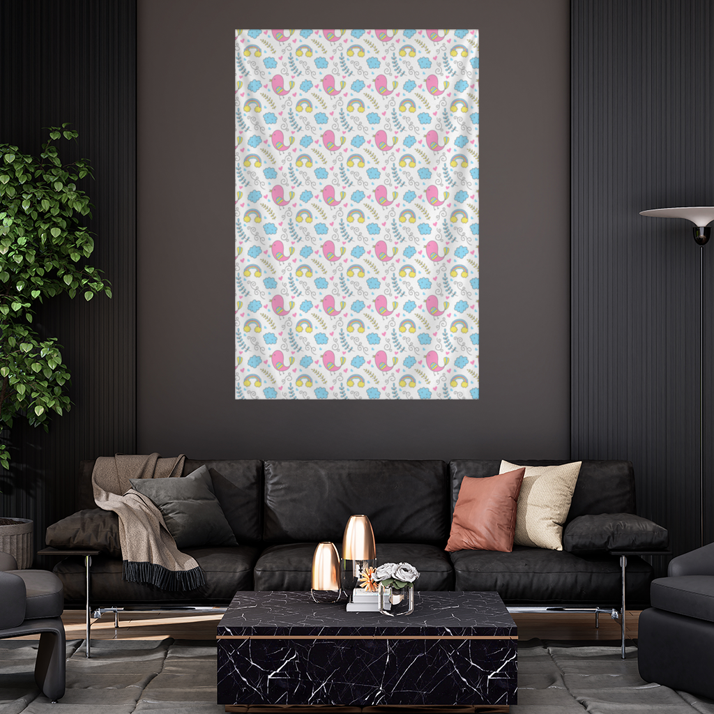 Sevimli Pembe Kuşlu ve Gökkuşaklı Çocuk Deseni Duvar Örtüsü
