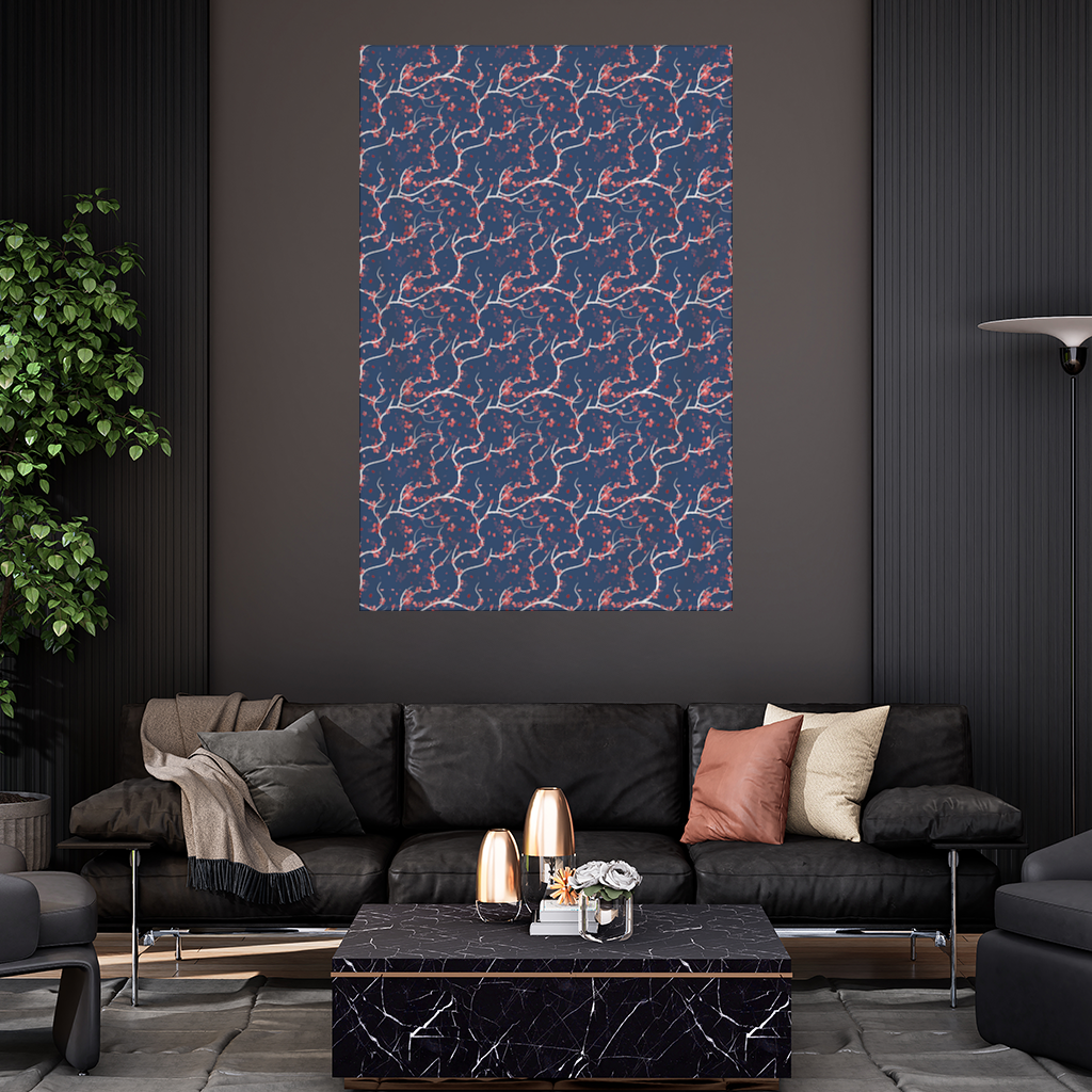 Red Floral Branch Pattern on Navy Background Wall Tapestry