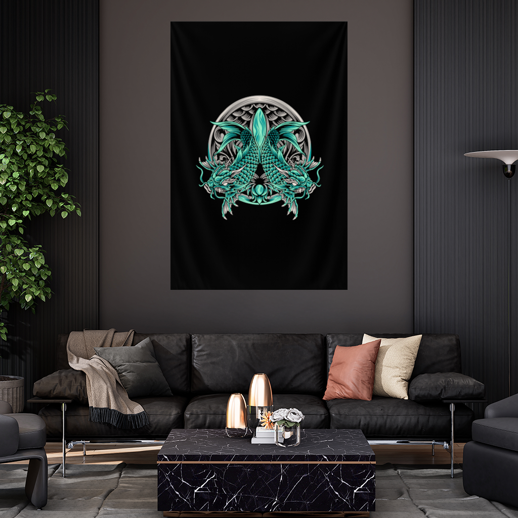 Turquoise Twin Dragon Emblem Design Wall Tapestry