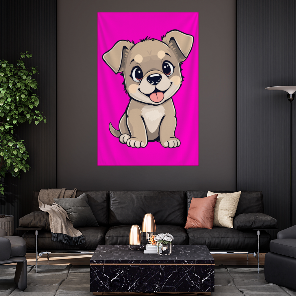 Cute Dog Illustration on Pink Background Wall Tapestry
