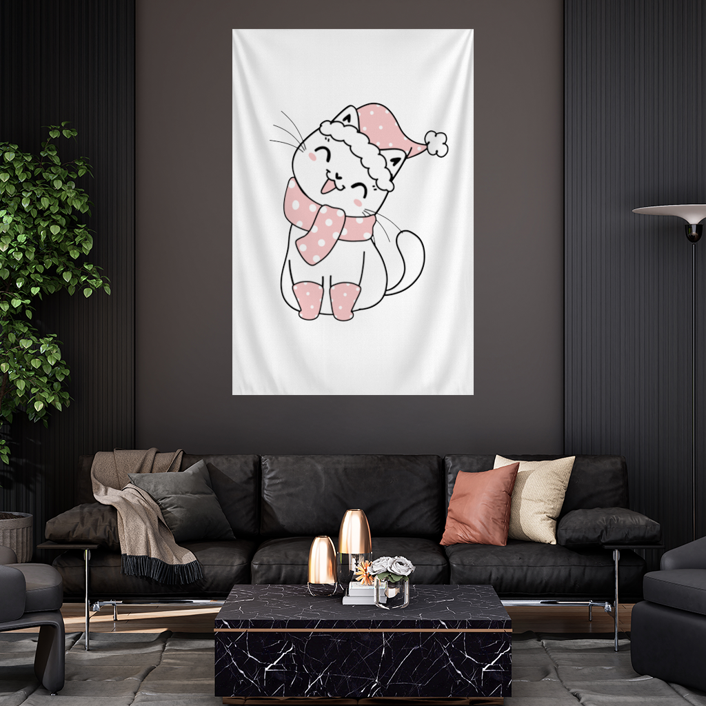 Cute Christmas Cat with Pink Polka Dot Outfit Wall Tapestry