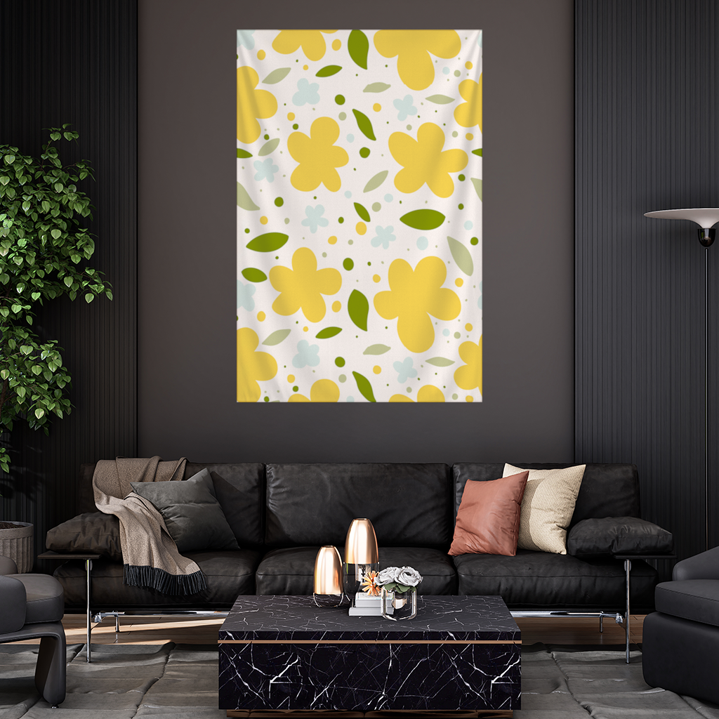 Sarı Çiçekli ve Yapraklı Boho Tarzı Dikişsiz Desen Duvar Örtüsü