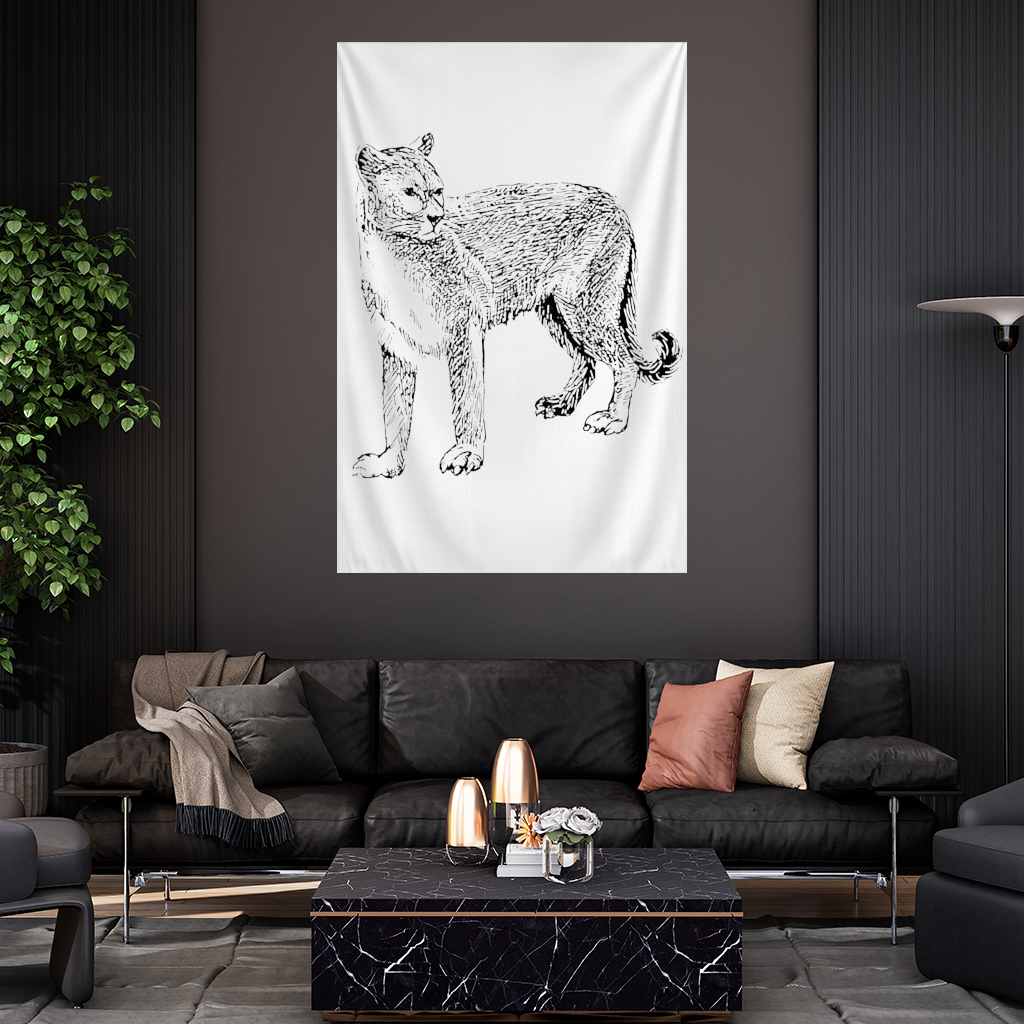 Black and White Wild Cat Sketch Illustration Wall Tapestry
