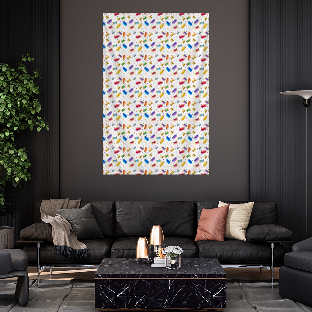 Colorful Thread Spools and Sewing Tools Pattern Wall Tapestry