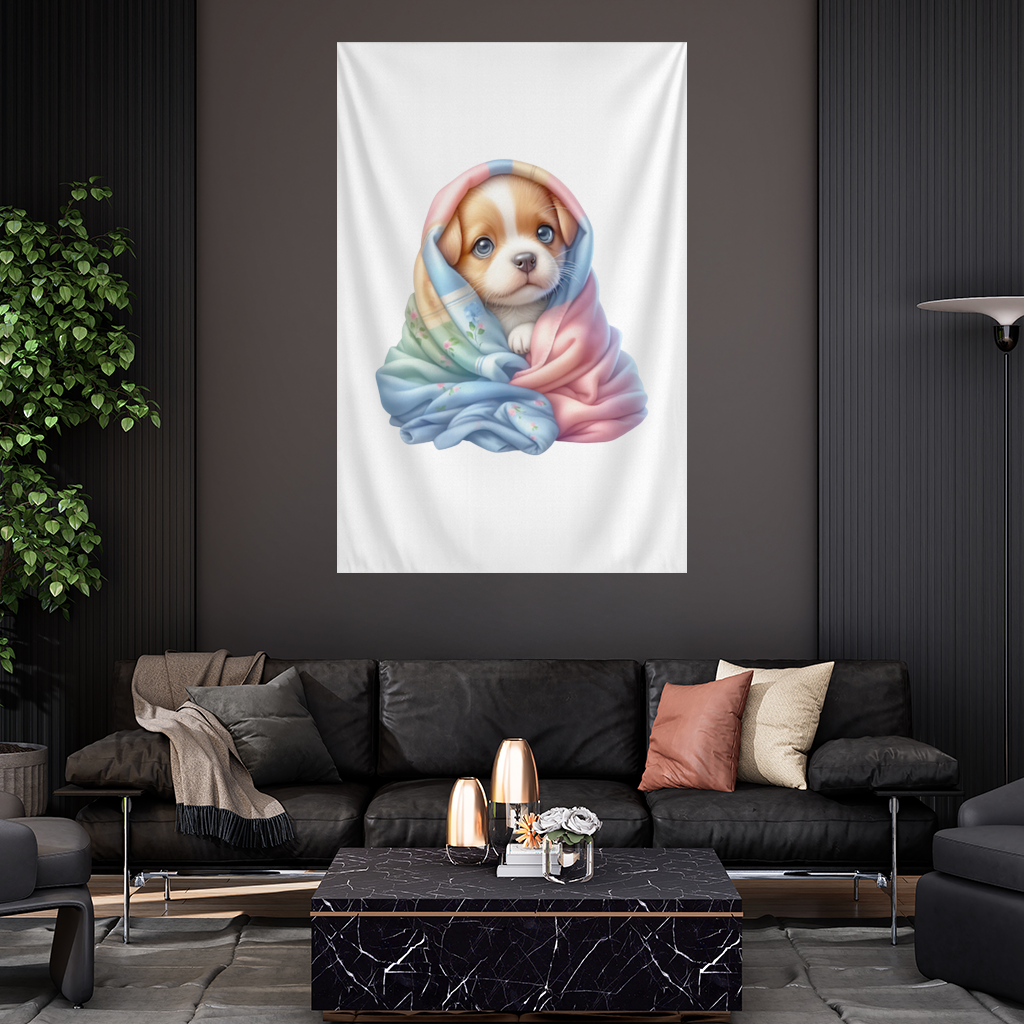 Renkli Battaniyeye Sarılı Yavru Köpek Duvar Örtüsü