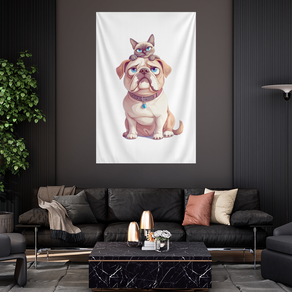 Siyam Kedisi ve Üzgün Pug Köpeği Duvar Örtüsü