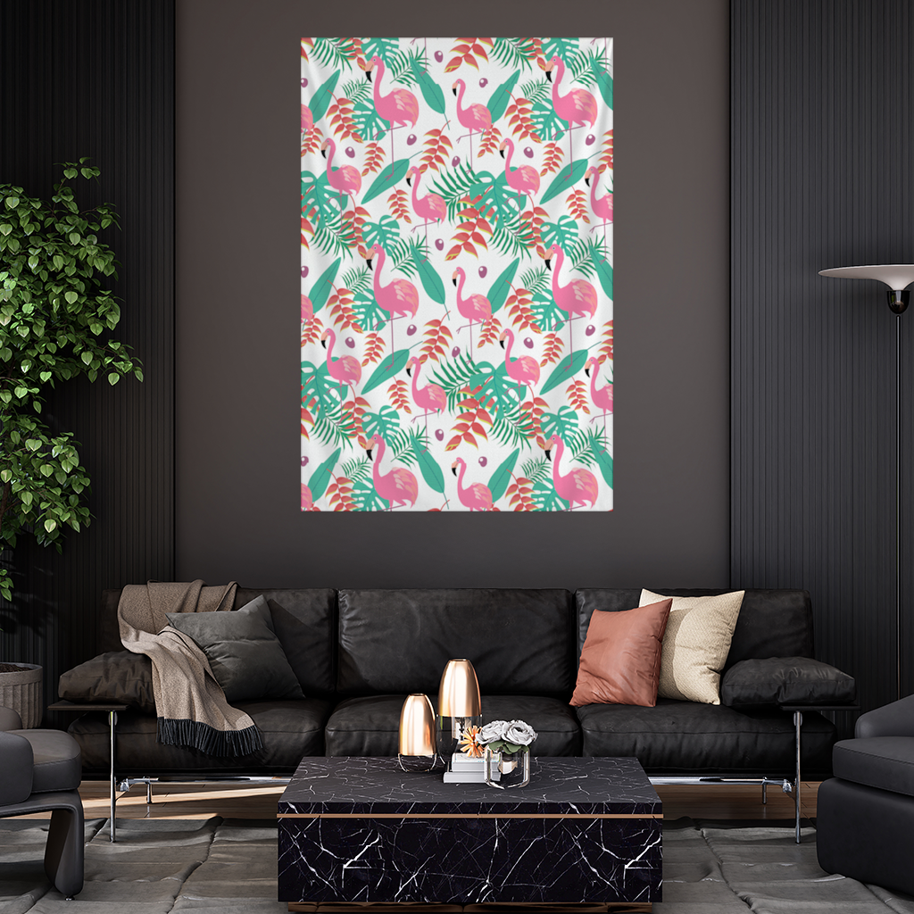 Pembe Flamingo Tropikal Yapraklar Duvar Örtüsü