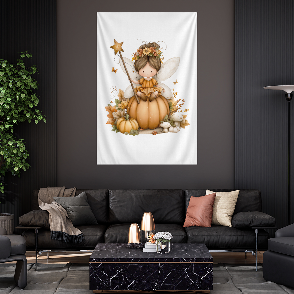 Whimsical Autumn Pumpkin Fairy Wall Tapestry
