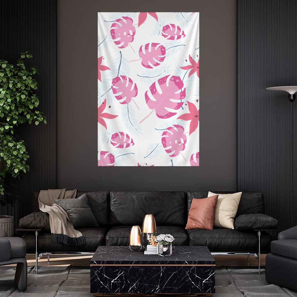 Pembe Monstera ve Tropikal Lilyum Duvar Örtüsü