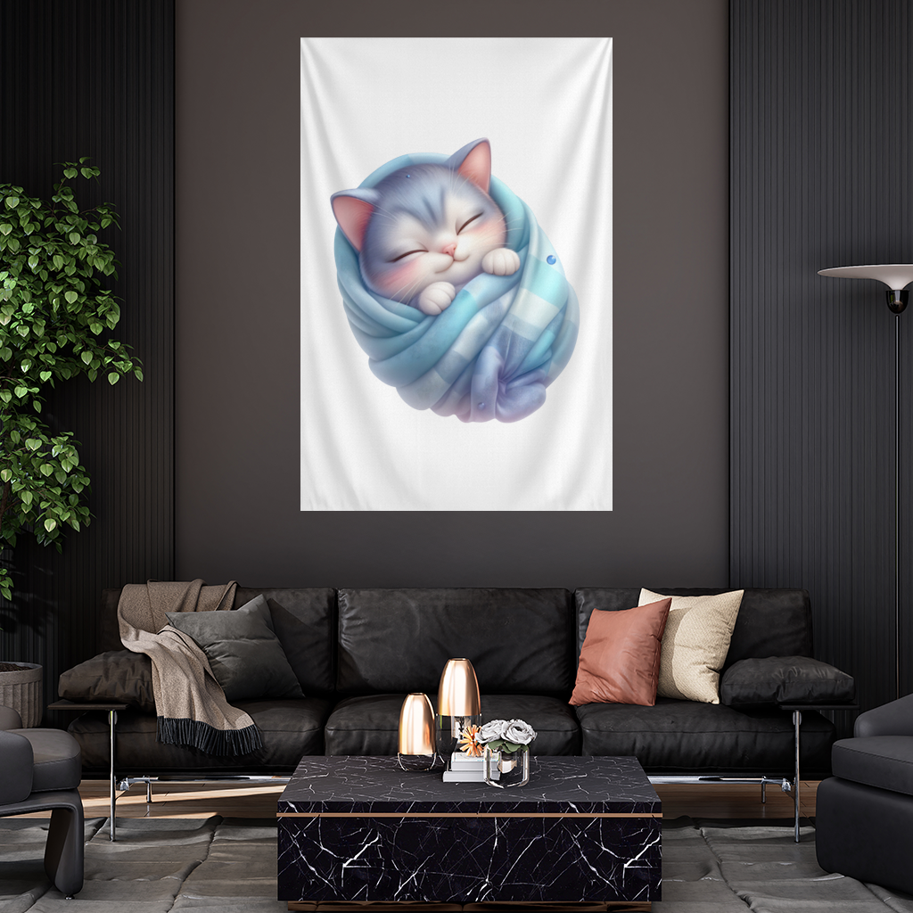 Kawaii Mavi Battaniyeli Uyuyan Kedi Duvar Örtüsü