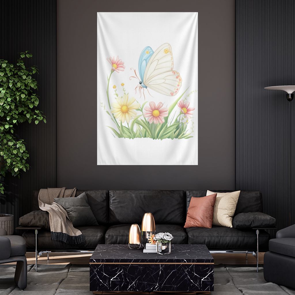Whimsical Pastel Butterfly and Wildflowers Wall Tapestry