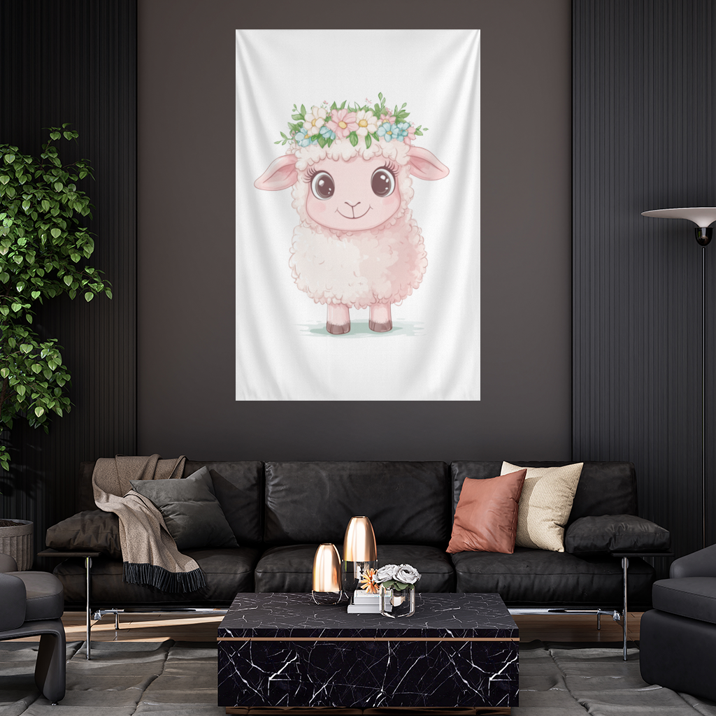 Kawaii Flower Crown Pink Lamb Wall Tapestry