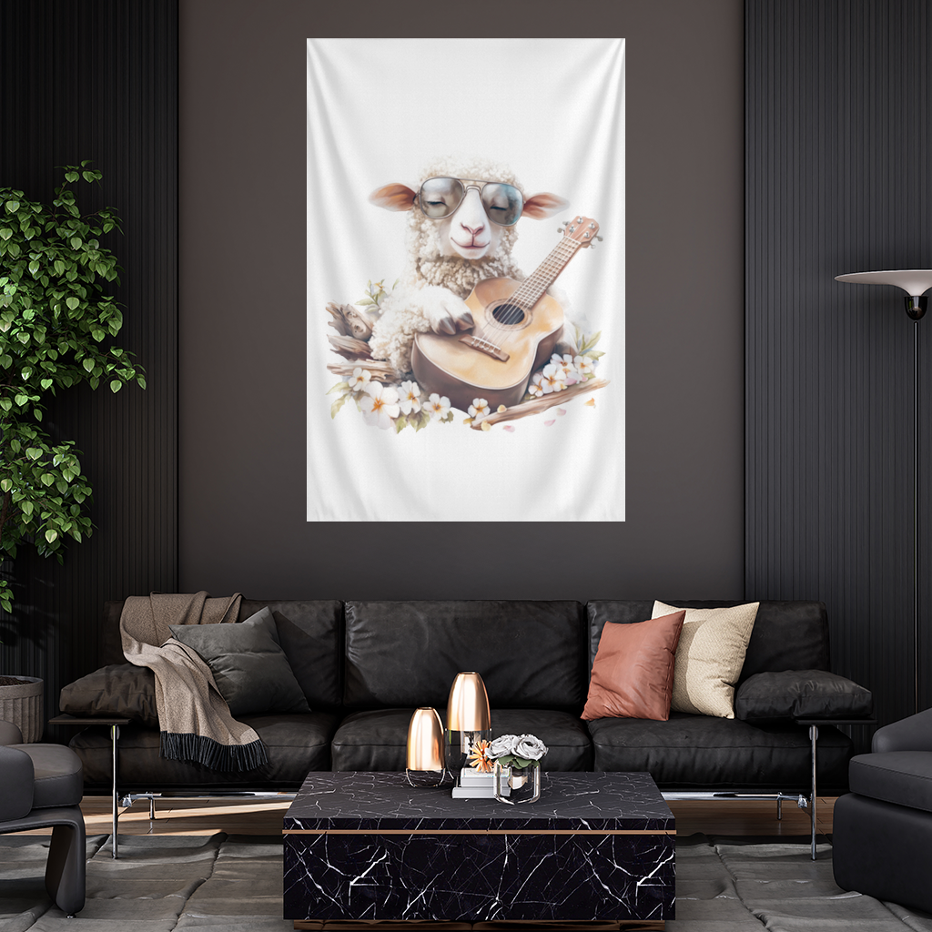 Cool Sheep Playing Ukulele with Flowers Wall Tapestry