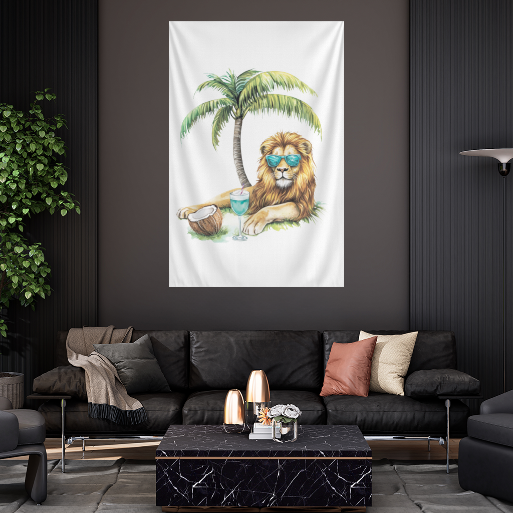 Summer Vibe Lion Under Palm Tree Wall Tapestry