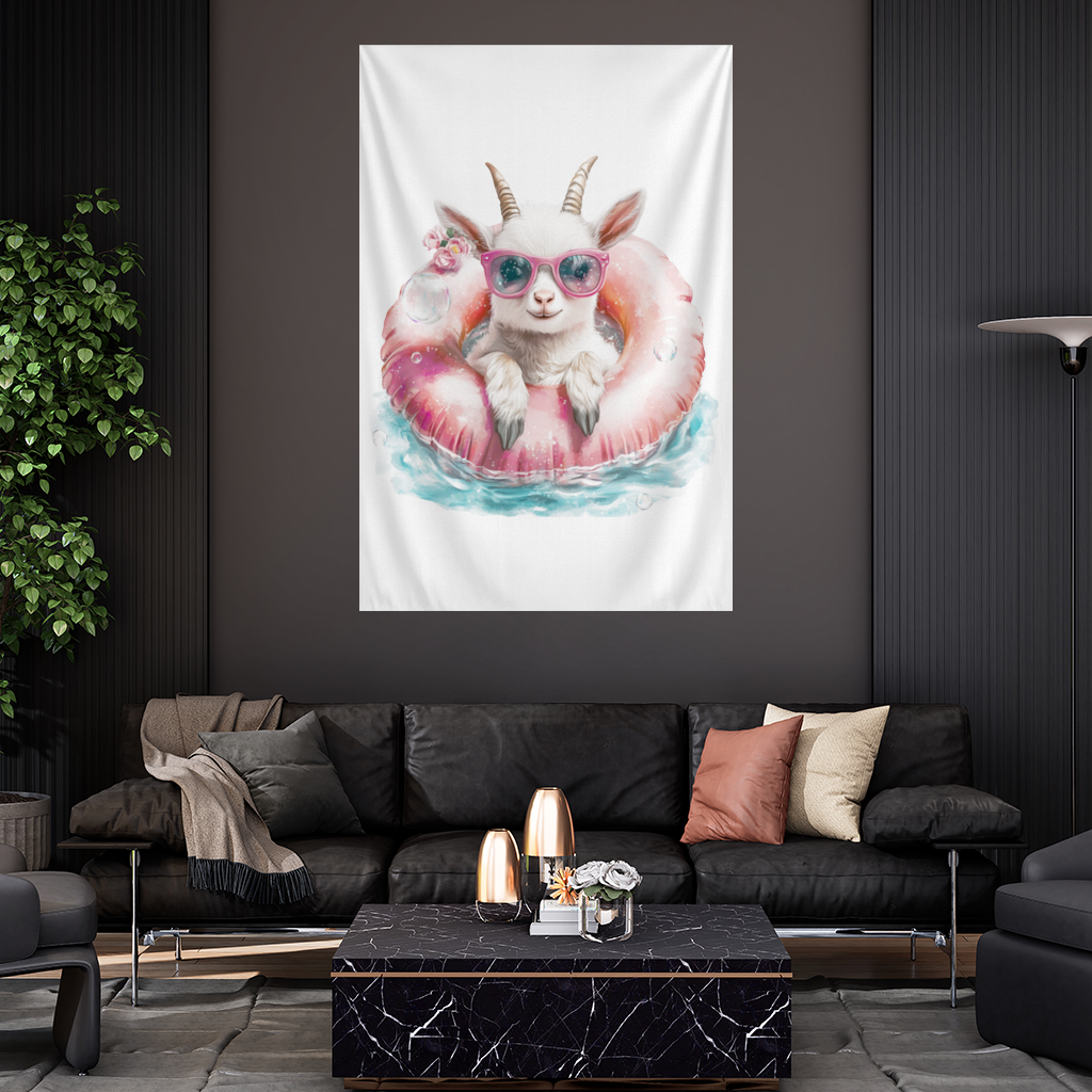 Baby Goat in Pink Pool Ring Wall Tapestry