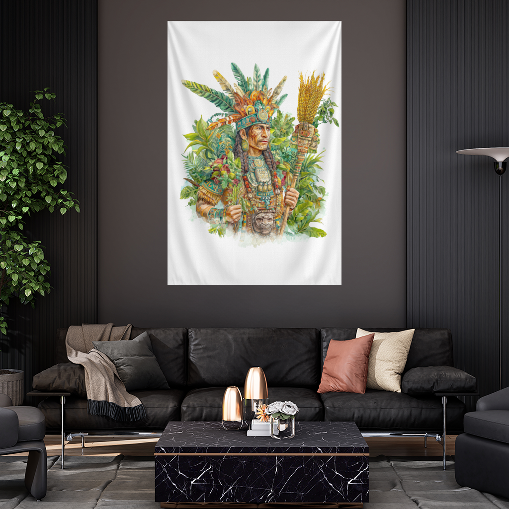 Mayan Maize Priest with Feather Headdress Wall Tapestry