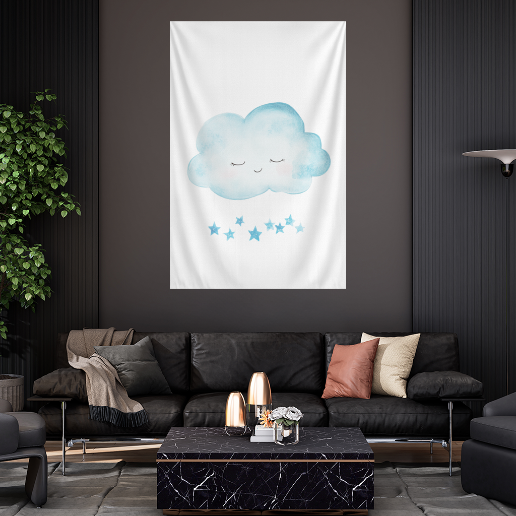 Watercolor Sleepy Cloud and Blue Stars Wall Tapestry