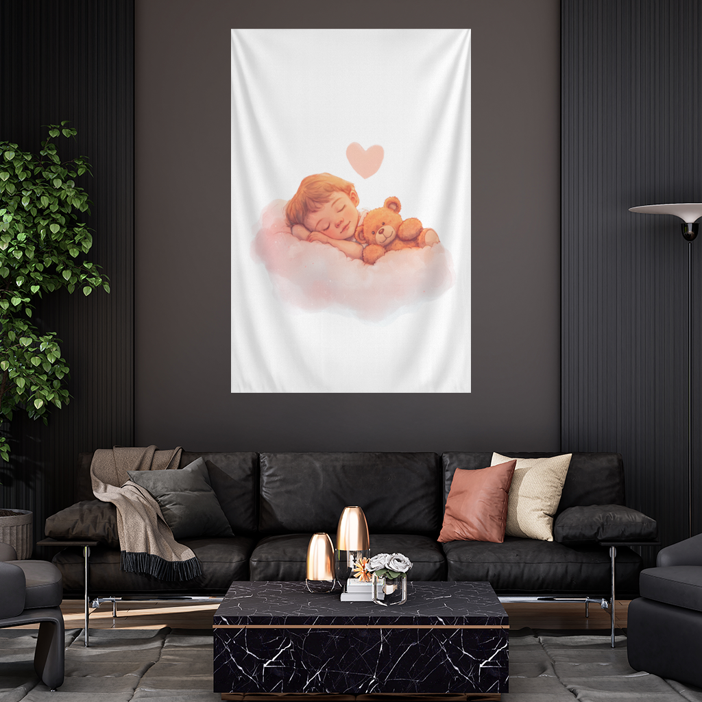 Sleeping Baby on Cloud with Teddy Bear Wall Tapestry