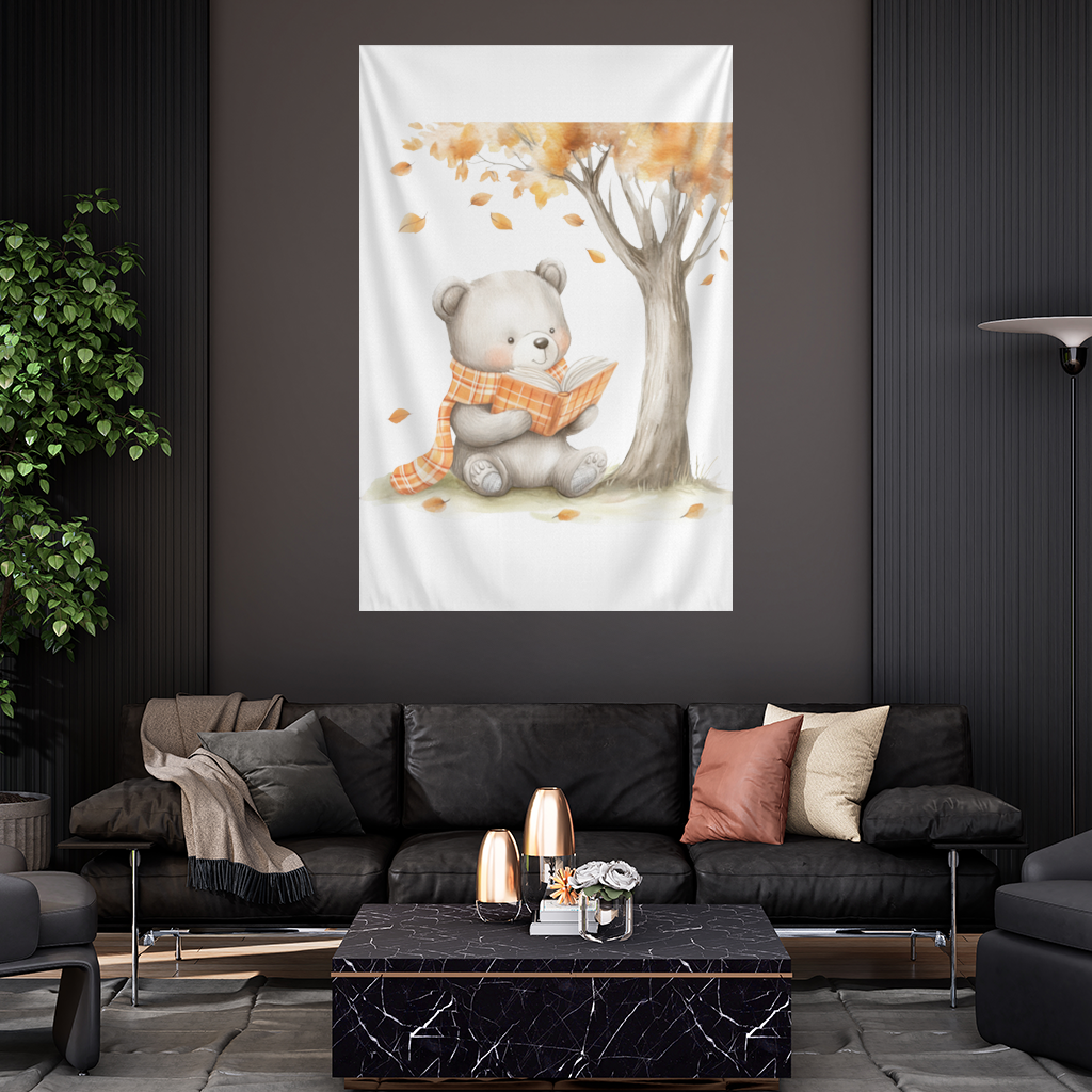 Reading Bear with Orange Scarf Wall Tapestry