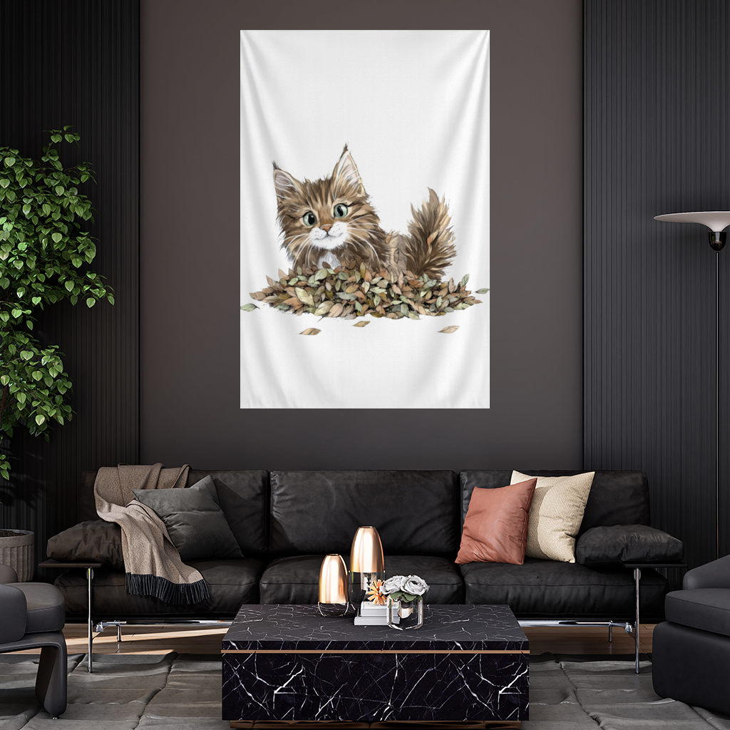 Cute Fluffy Kitten in Autumn Leaves Wall Tapestry