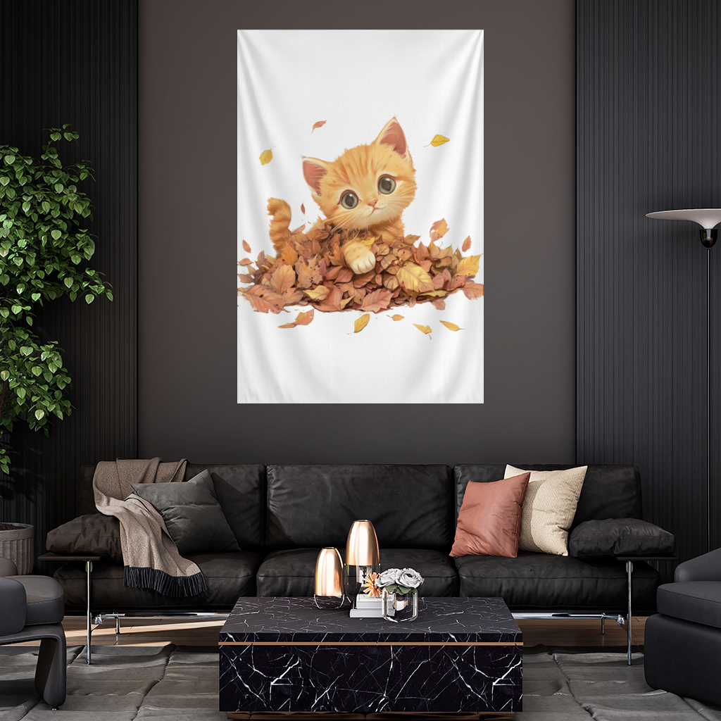 Ginger Kitten in Autumn Leaves Wall Tapestry