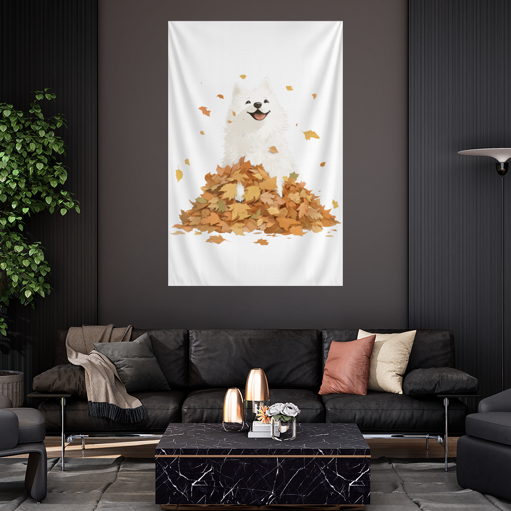 Mutlu Beyaz Köpek ve Sonbahar Yaprakları Duvar Örtüsü