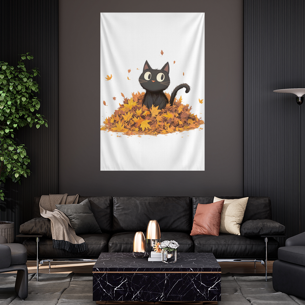 Cute Black Cat in Autumn Leaves Wall Tapestry