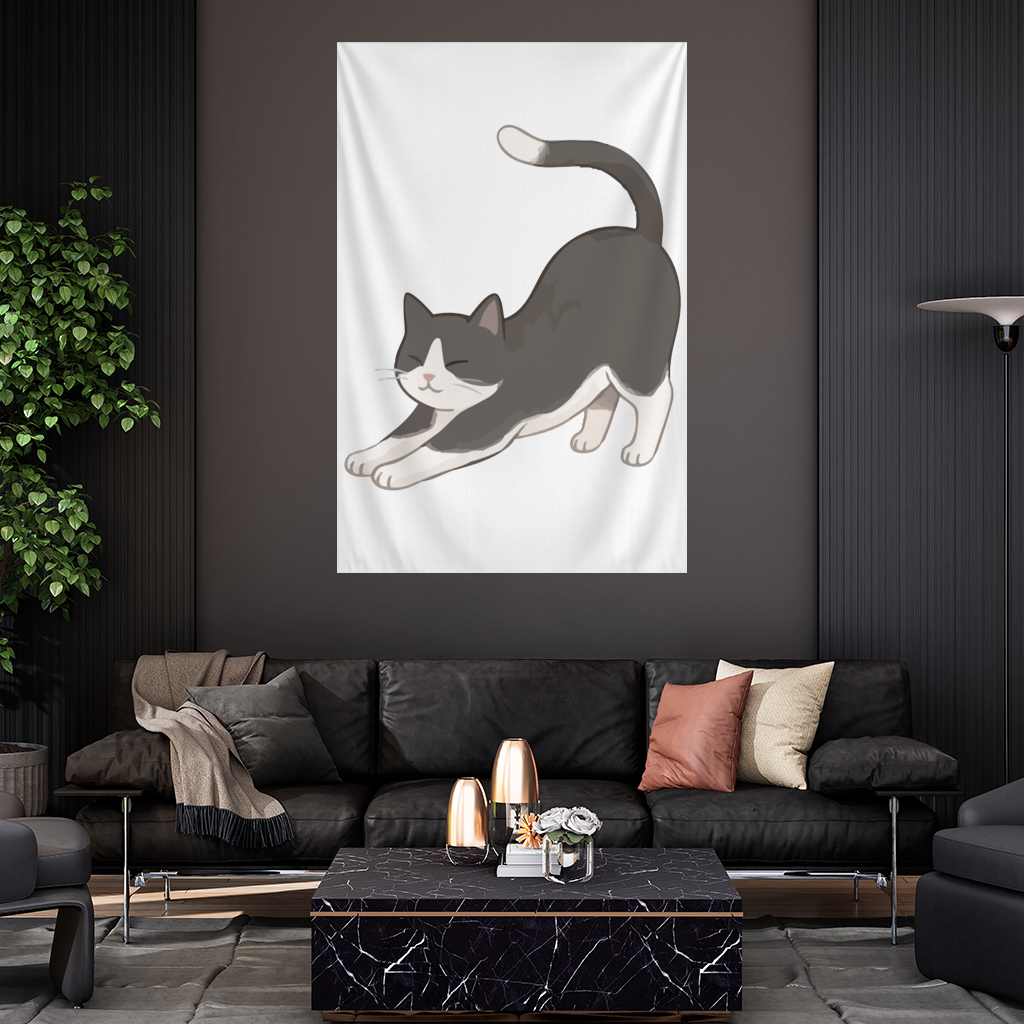 Stretching Tuxedo Cat Wall Tapestry