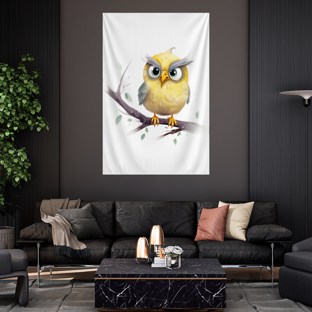 Grumpy Yellow Owl Wall Tapestry