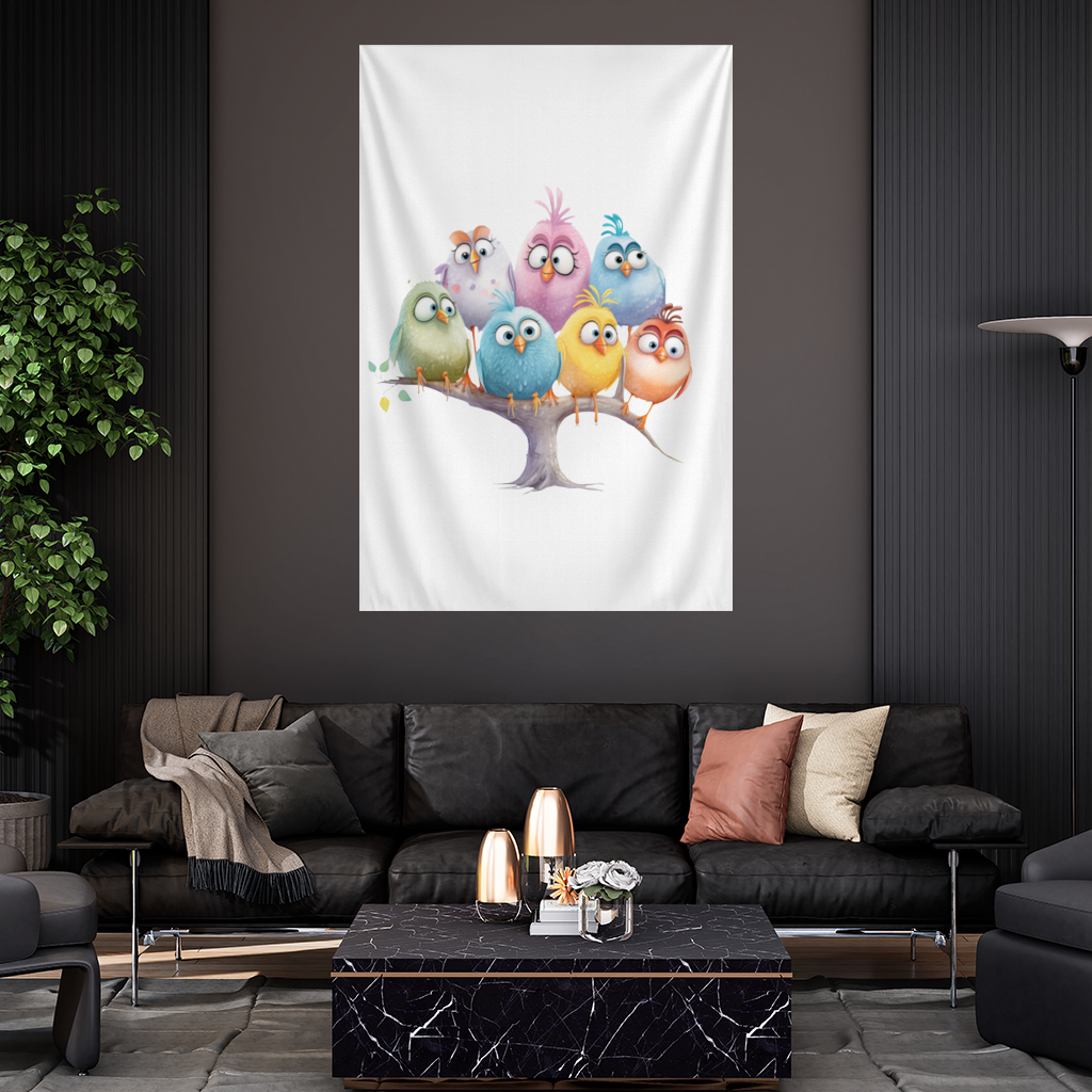 Whimsical Colorful Birds on Branch Wall Tapestry