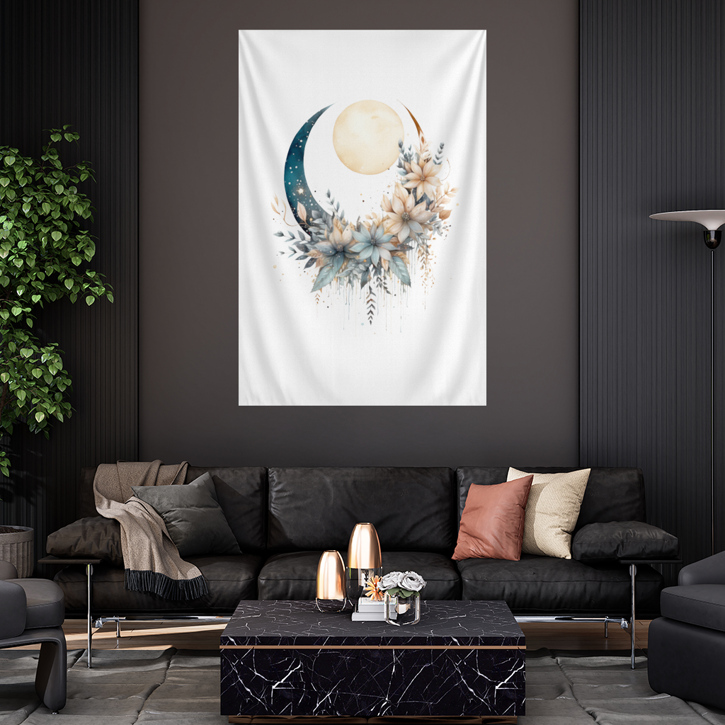 Celestial Boho Moon Floral Wall Tapestry