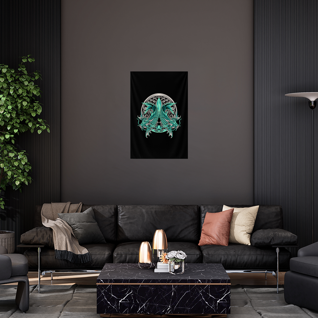 Turquoise Twin Dragon Emblem Design Wall Tapestry