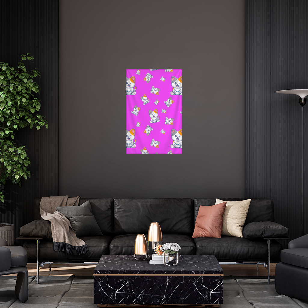 Cute Cartoon Cat Pattern on Pink Background Wall Tapestry