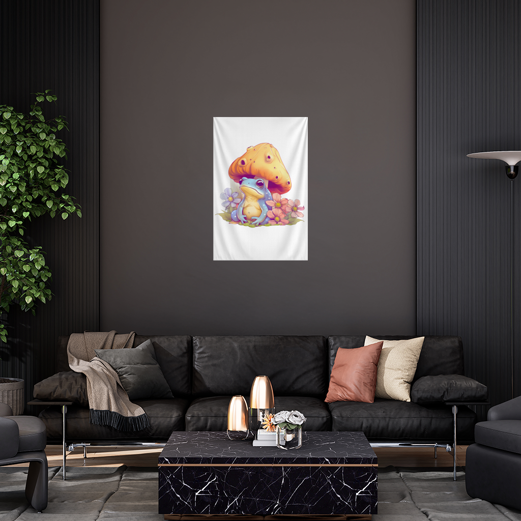 Blue Frog Resting Under Orange Mushroom Wall Tapestry