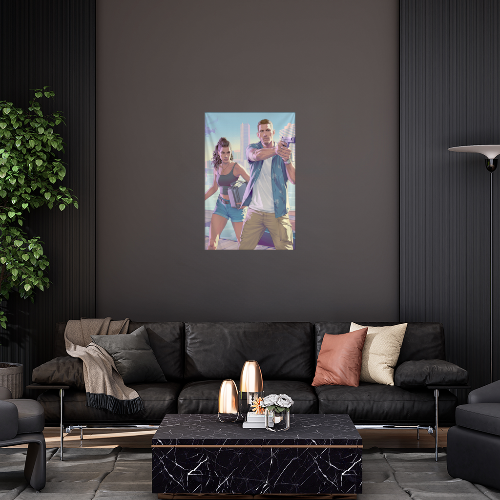 Vice City Showdown Tropical Heist Duo Wall Tapestry