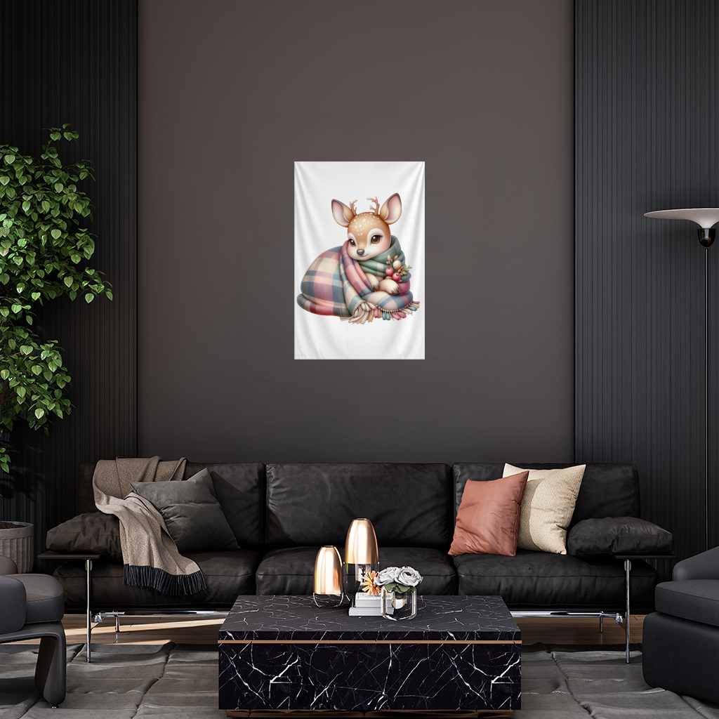 Kawaii Baby Deer with Plaid Scarf Wall Tapestry