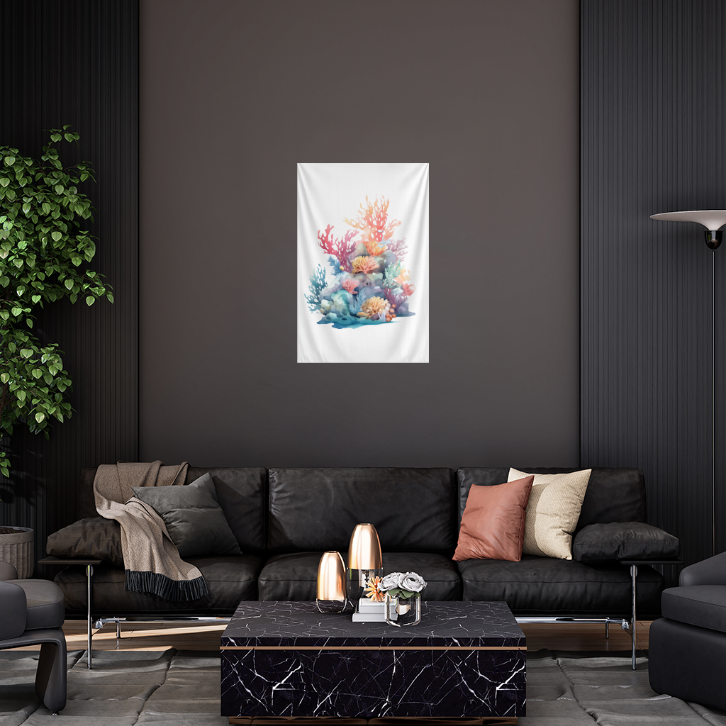 Vibrant Watercolor Coral Reef Scene Wall Tapestry