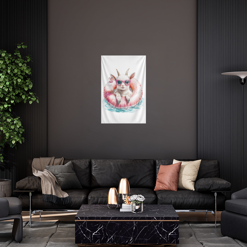 Baby Goat in Pink Pool Ring Wall Tapestry