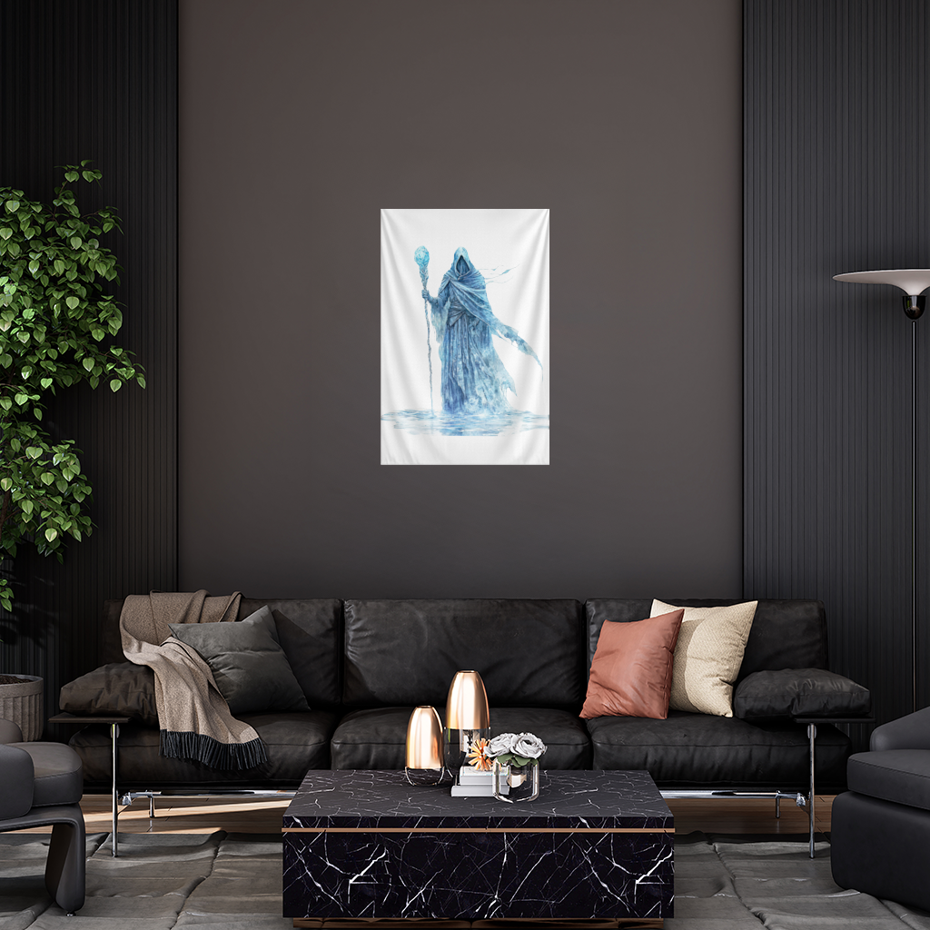 Blue Frost Mage Hooded Wizard Staff Wall Tapestry