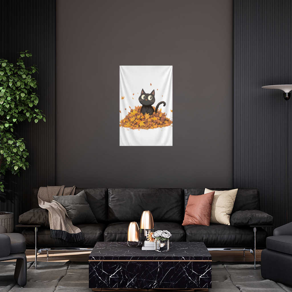 Sonbahar Yapraklarında Sevimli Siyah Kedi Duvar Örtüsü