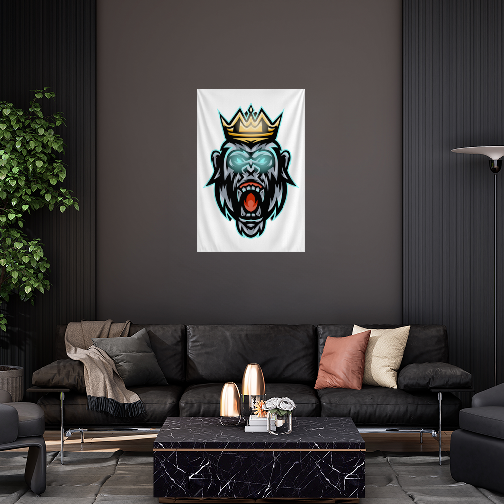 Taçlı Öfkeli Goril Kral Grafiği - Neon Detaylı Maskot Duvar Örtüsü