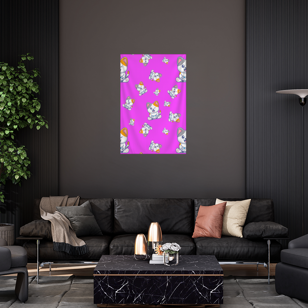 Pembe Zemin Üzerinde Sevimli Çizgi Kedi Deseni Duvar Örtüsü