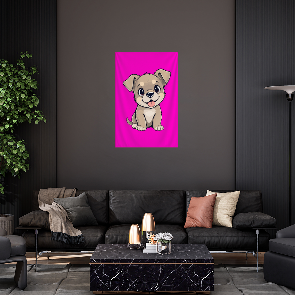 Pembe Arka Planlı Sevimli Köpek Çizimi Duvar Örtüsü