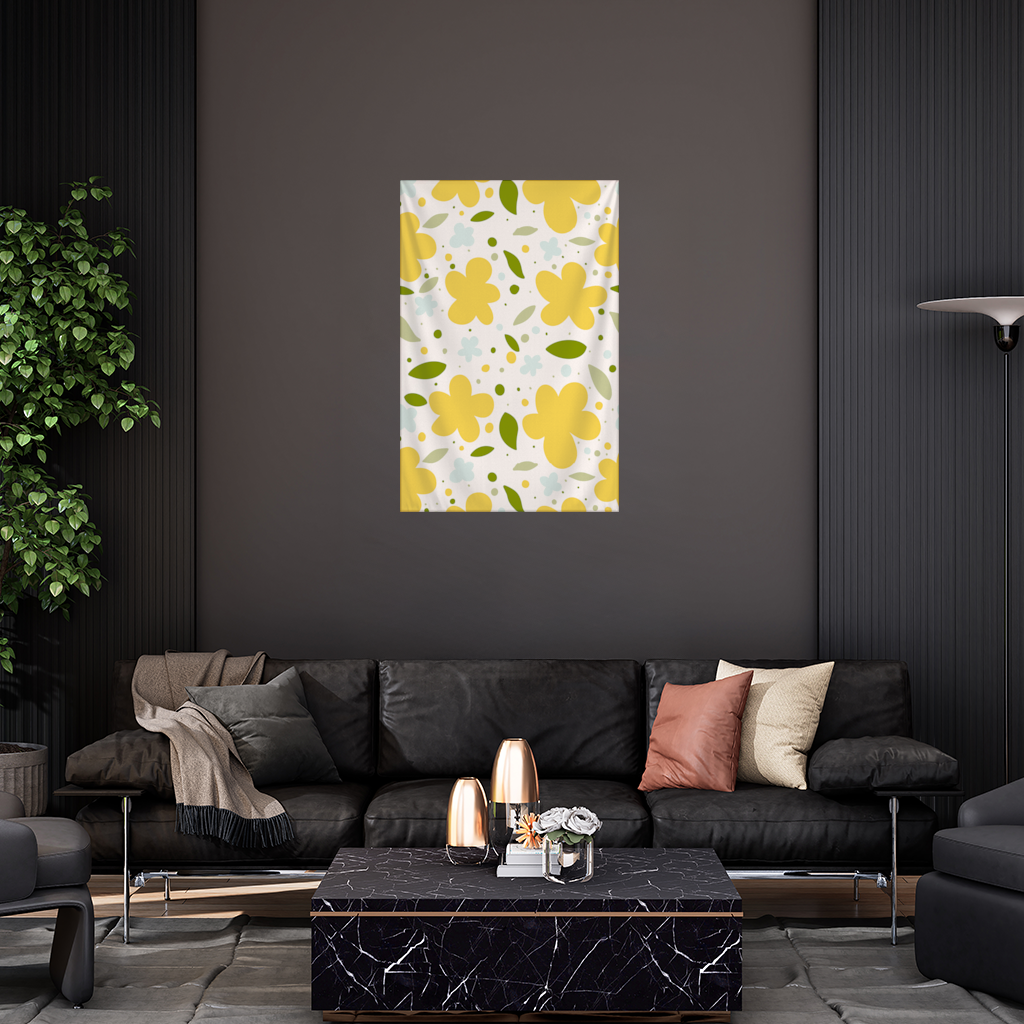 Sarı Çiçekli ve Yapraklı Boho Tarzı Dikişsiz Desen Duvar Örtüsü